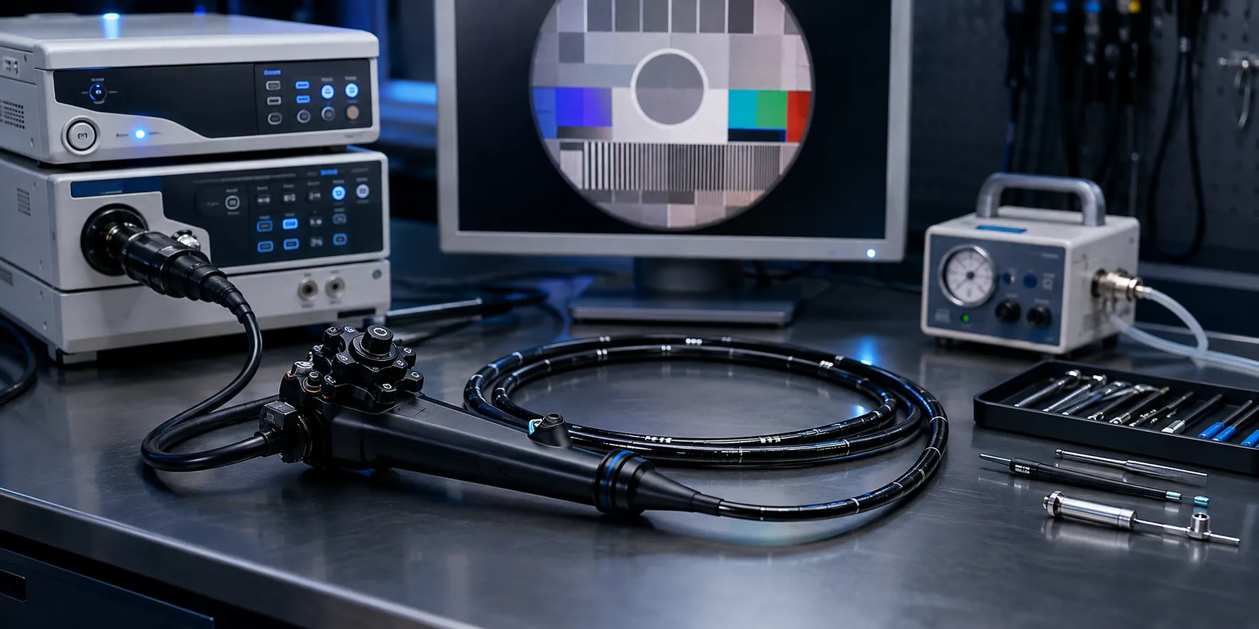 Flexible endoscope on a test bench